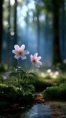 Beautiful pink and white flowers blooming in a lush green forest with sunlight filte through trees and a small stream flowing nearby