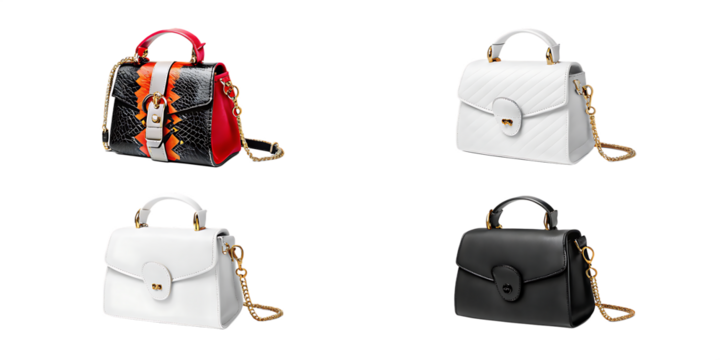 Handbags with gold chains and clasps isolated on a transparent background