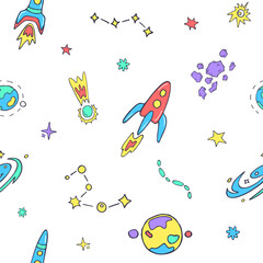 Space for kids, colored objects. Playful sketch pattern on transparent background. Swatches included
