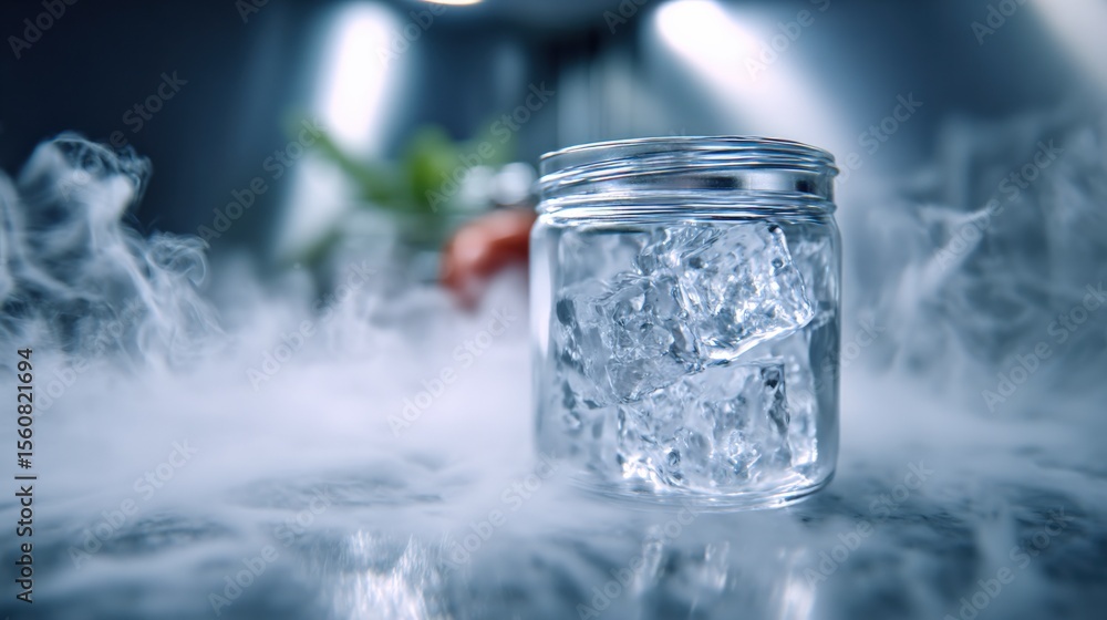 Poster cold transparent ice cubes in a glass jar with mist and vapor effect on a dark background for refres
