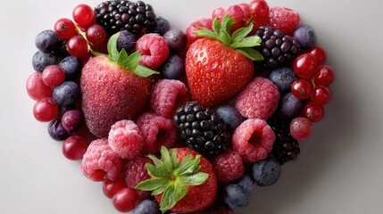 Obraz premium A vibrant heart shape formed from an assortment of berries, including strawberries, raspberries, blackberries, and blueberries, promoting a healthy lifestyle.