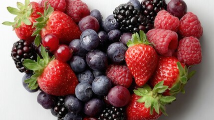 A heart-shaped collection of vibrant berries includes strawberries, blueberries, blackberries, raspberries, and red currants, creating a visually appealing display.