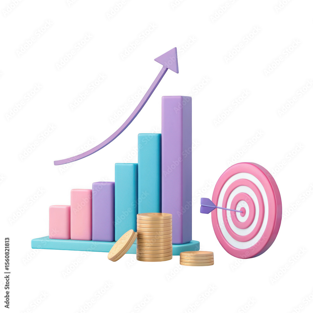 Poster 3d render business growth chart with target and coins isolated on transparent background