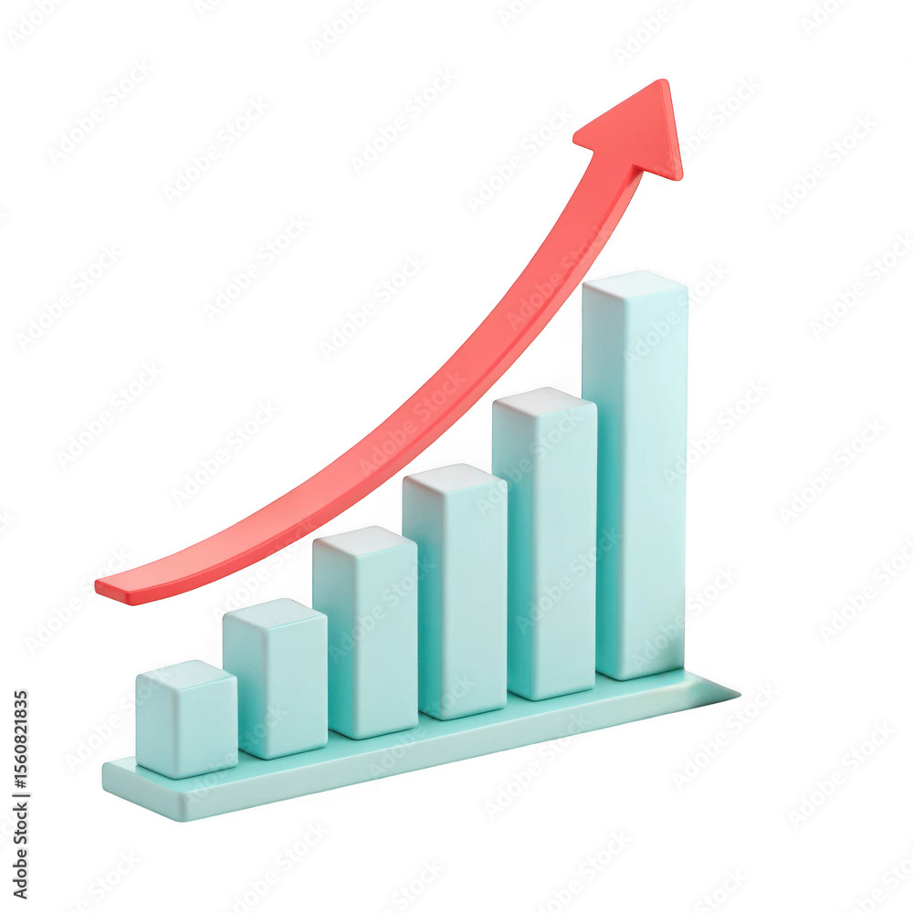 Poster 3d render of upward trend bar graph with red arrow isolated on transparent background