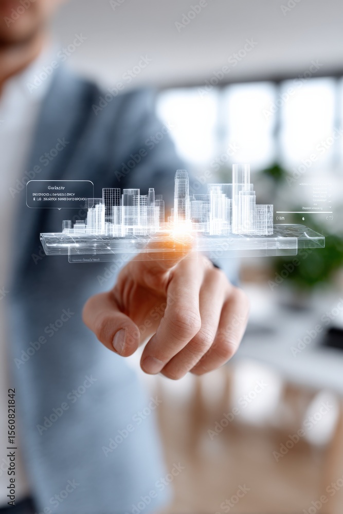 Poster businessman using touch screen holographic interface to analyze cityscape model with digital city ic