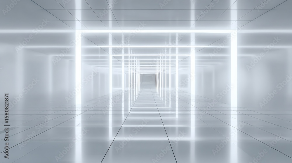 Aufkleber Futuristic Bright White Neon Light Tunnel with Reflective Floor and Ceiling Creating a Infinite Corridor Effect in a Modern Technology Style