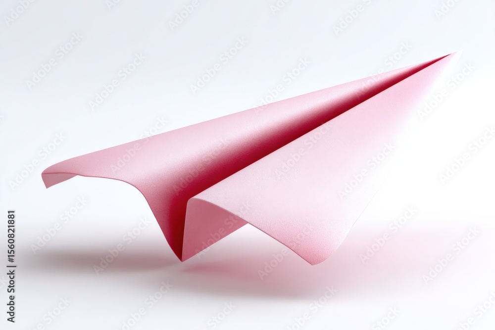 Poster pink paper plane folded origami shape flying in midair with shadow and minimalist white background f