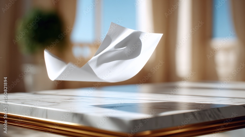 Poster office paper document flipping with pages turning rapidly on desktop with blurred background and sof