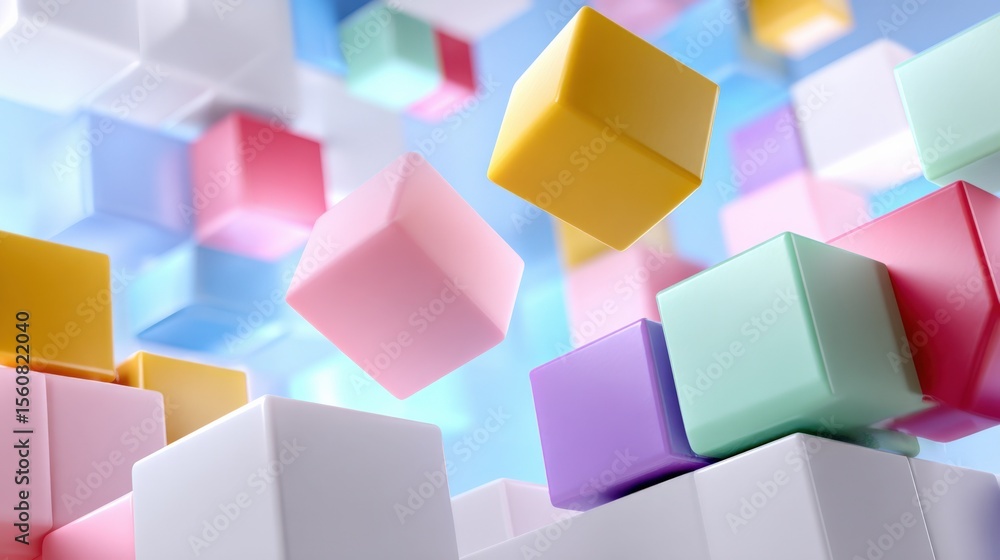 Aufkleber Colorful Cubes Floating and Stacked in a Dynamic Abstract Geometric Composition with Bright Soft Lighting and Vivid Pastel Colors