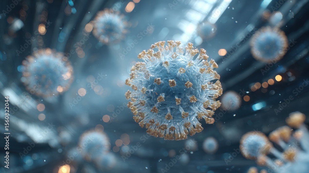 Poster a close-up view of viruses rendered in 3d, highlighting their unique shapes and features in a high-t