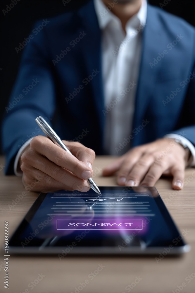 Aufkleber Businessman in formal suit using digital tablet with futuristic holographic interface for communication or data analysis in office environment