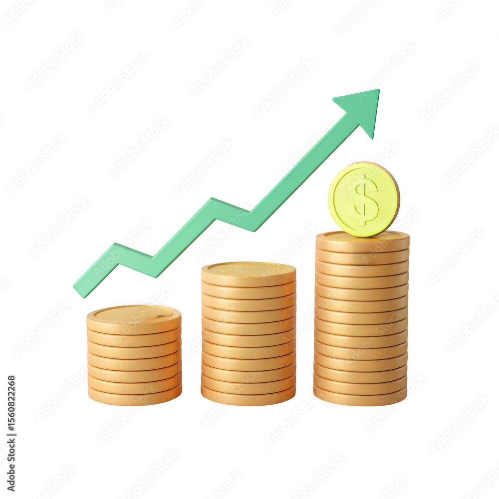Poster 3d render of growing gold coin stacks with upward arrow isolated on transparent background