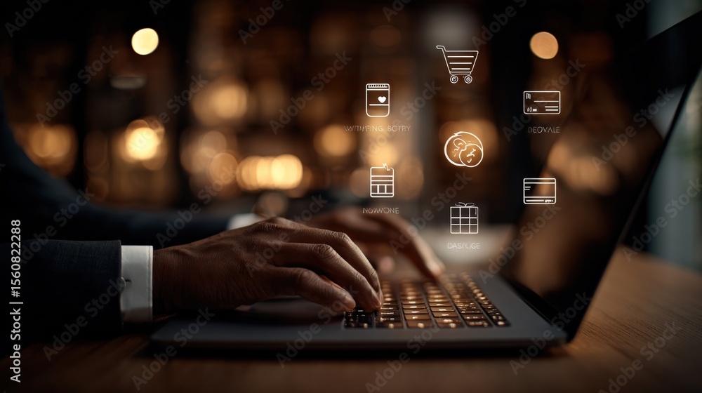 Poster Businessman working on a laptop using futuristic digital icons for data analysis and online shopping in modern office setting