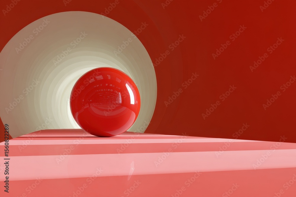 Poster Abstract Minimalist Image of a Bright Red Glossy Sphere Sitting on a Pink Surface with a Circular Light Effect and Red Background