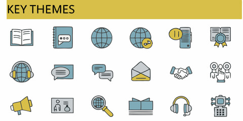 Collection of hand drawn icons representing key themes in communication and business