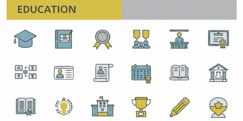 Collection of education and learning icons representing graduation and academic success