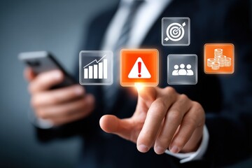 Businessman in formal suit using smartphone with digital icons representing data analysis alerts growth and team collaboration on futuristic interface