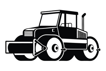 Black and White Illustration of a Steamroller Vehicle with Cabin and Three Cylindrical Wheels