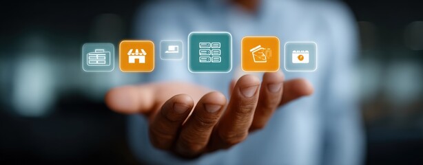 Businesswoman using digital tablet with virtual icons for finance banking and accounting in modern office environment