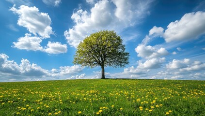 Solitary tree atop a grassy hill, vibrant yellow flowers, brilliant blue sky with puffy clouds