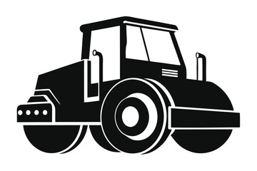 Black and White Illustration of a Road Roller with Cab and Large Cylindrical Rollers