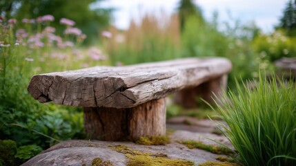 Rustic Wooden Bench Nestled in Wild Garden with Moss and Grasses