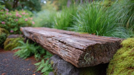 Fototapeta premium Rustic Wooden Bench Nestled in Wild Garden with Moss and Grasses