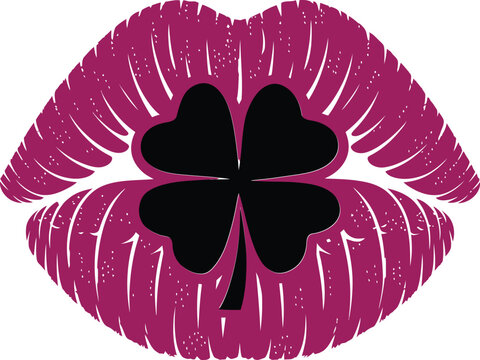 A bold and creative illustration of a vibrant pink lipstick kiss featuring a black four-leaf clover at its center. This unique design combines themes of luck and love, making it perfect for St.