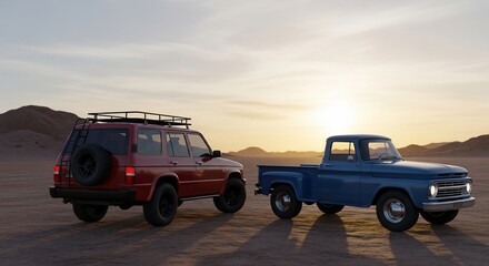 Fototapeta premium Classic Red SUV and Blue Pickup Truck at Sunset in Desert Landscape