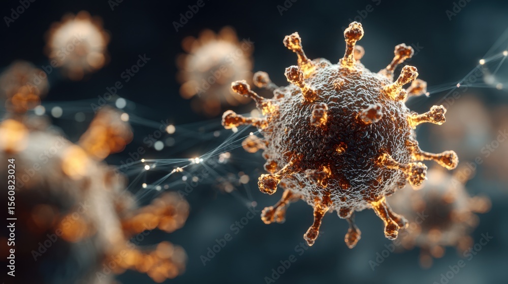 Poster detailed visualization of virus particles showcasing their complex surface features and spikes. the 