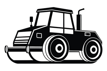Black and White Illustration of a Road Roller with Cabin and Wheels Design