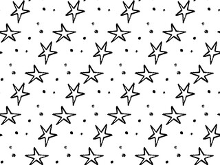Seamless vector pattern with abstract hand drawn stars and dots. Rough crayon and brush stroke elements create a playful and expressive style. Perfect for modern textile prints, wrapping paper