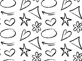 Seamless chalk pattern with abstract hand drawn stars, hearts, arrows, flowers, scribbles, swirls, dots, textured lines. Rough crayon and brush stroke elements create a playful and expressive style