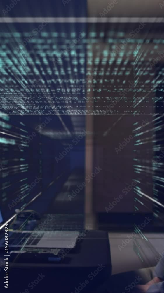 Aufkleber animation of data processing over asian man working in server room