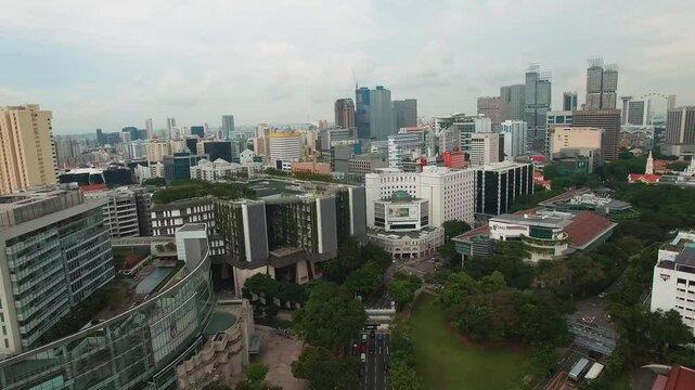 Aerial view of Singapore's cityscape featuring skyscrapers, SMU campus, green spaces, roads with traffic, and a cloudy sky on a bustling day.