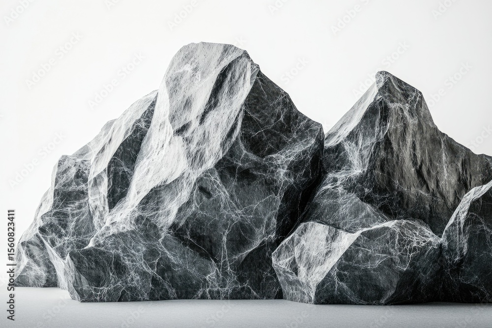 Poster abstract grayscale image of a craggy mountain range, emphasizing texture and form.