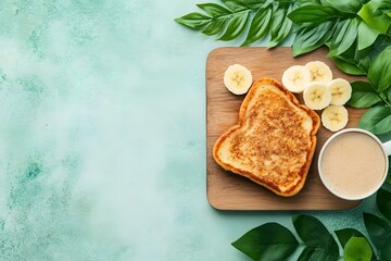 French toast with banana slices and dipping sauce on green background, Homemade breakfast, Minimal food presentation, Flat lay with copy space, Overhead view

