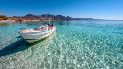 Fototapeta premium Pleasure boat anchored in the crystal waters of Coronado Beach in Loreto, Mexico