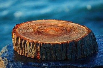 A cross-section of a tree trunk, showcasing its rings against a blurred ocean backdrop.
