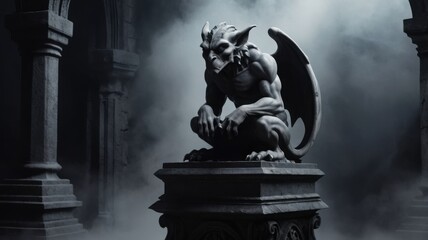 Grim gargoyle statue in a gothic cathedral setting.