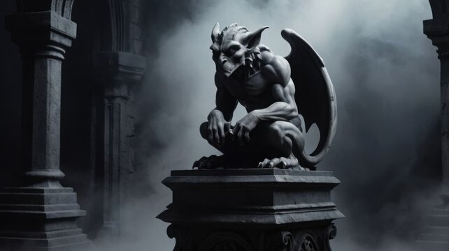 Grim gargoyle statue in a gothic cathedral setting. - Powered by Adobe
