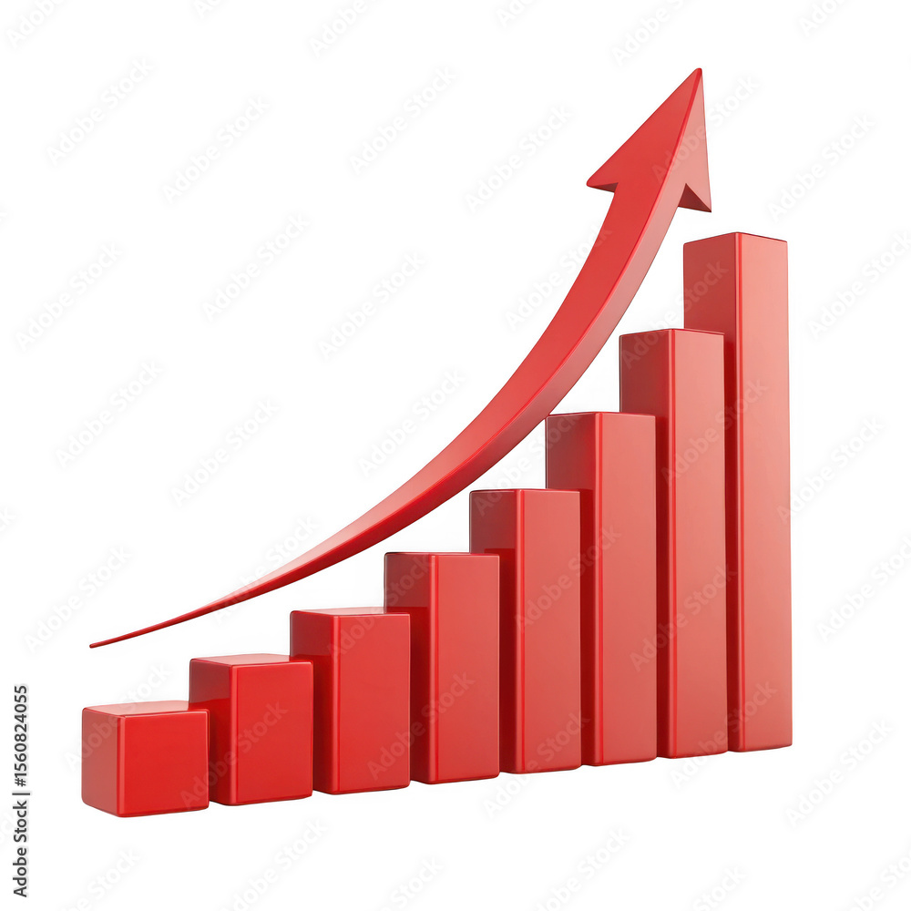 Poster 3d red growth chart with upward arrow isolated on transparent background