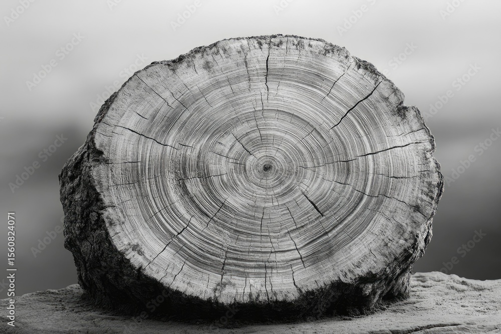 Poster a grayscale close-up of a tree cross-section, revealing its concentric rings and texture.
