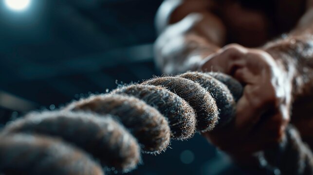 Close-up of Man's Hands Gripping Thick Rope in Dark Gym Environment