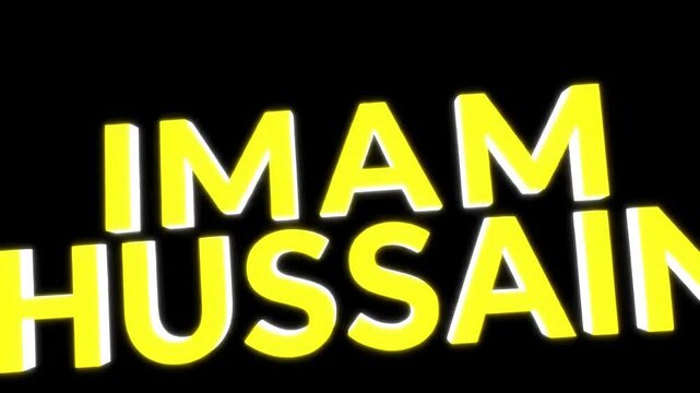Minimalist animation with the word "Hussain" in vibrant yellow and glowing white outline on a stark black background&mdash;bold, spiritual, and respectful visual for observance content