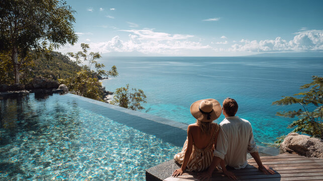 Romantic getaway for a couple immersed in the scenic ocean views from a luxury infinity pool