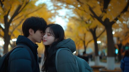 Close-up of a teenager couple sharing a loving heartfelt kiss outdoors, bundled up warmly on an autumn day.