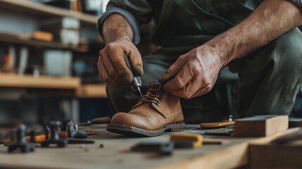 Skilled artisan repairing leather boots in a workshop with tools and materials laid out on the table during daylight hours