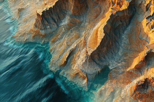 Aerial view of dramatic coastal cliffs meeting turquoise ocean waters, showcasing stunning rock formations and textures. - Powered by Adobe