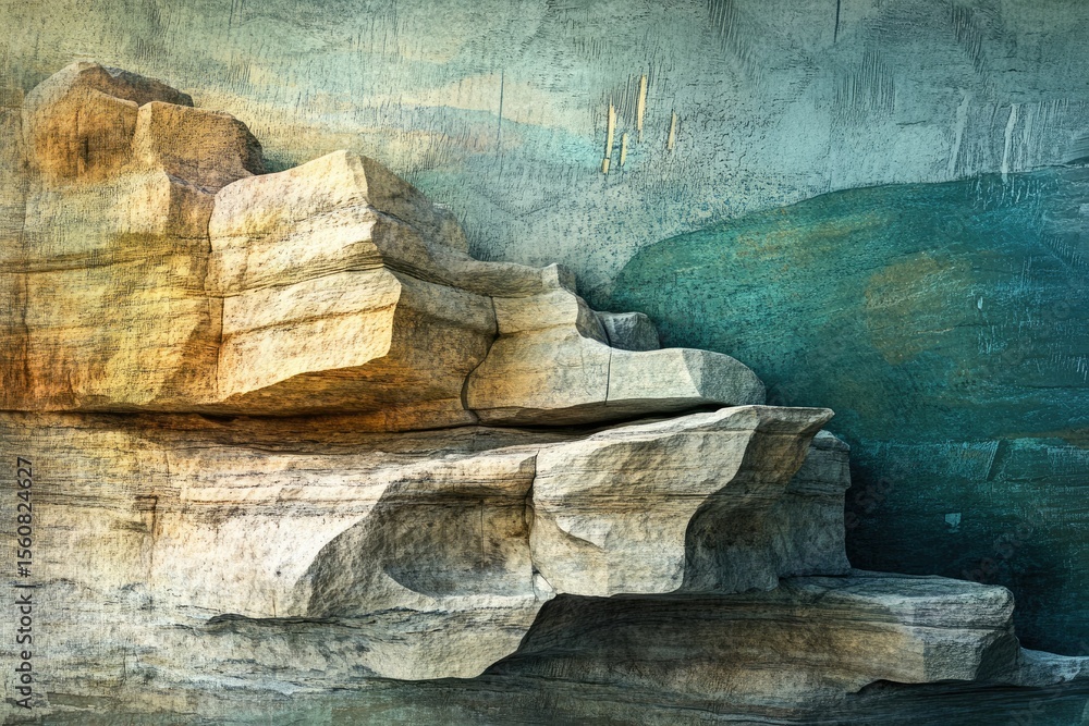 Poster eroded sandstone cliff face with layered texture, showing time and geological processes.